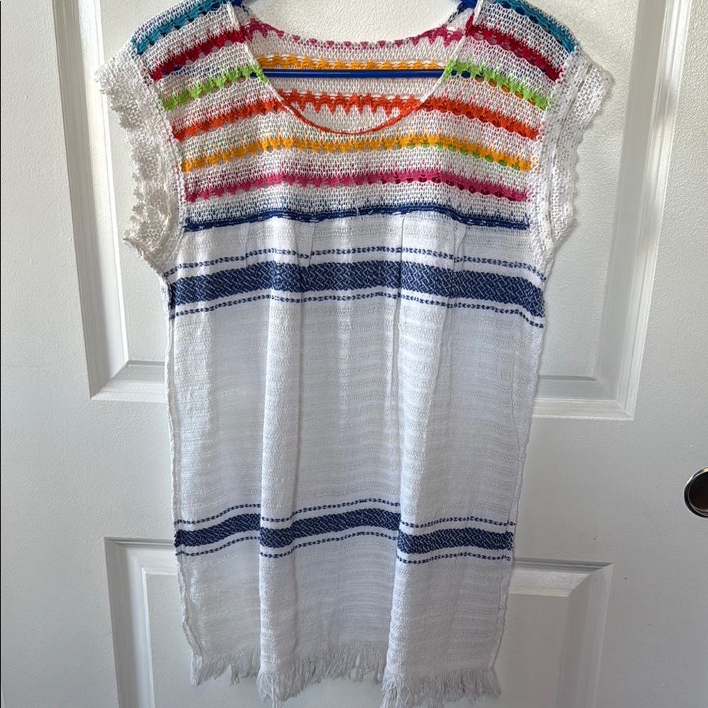 Vintage semi sheer colorful striped knit top mini dress beach swim cover up S M